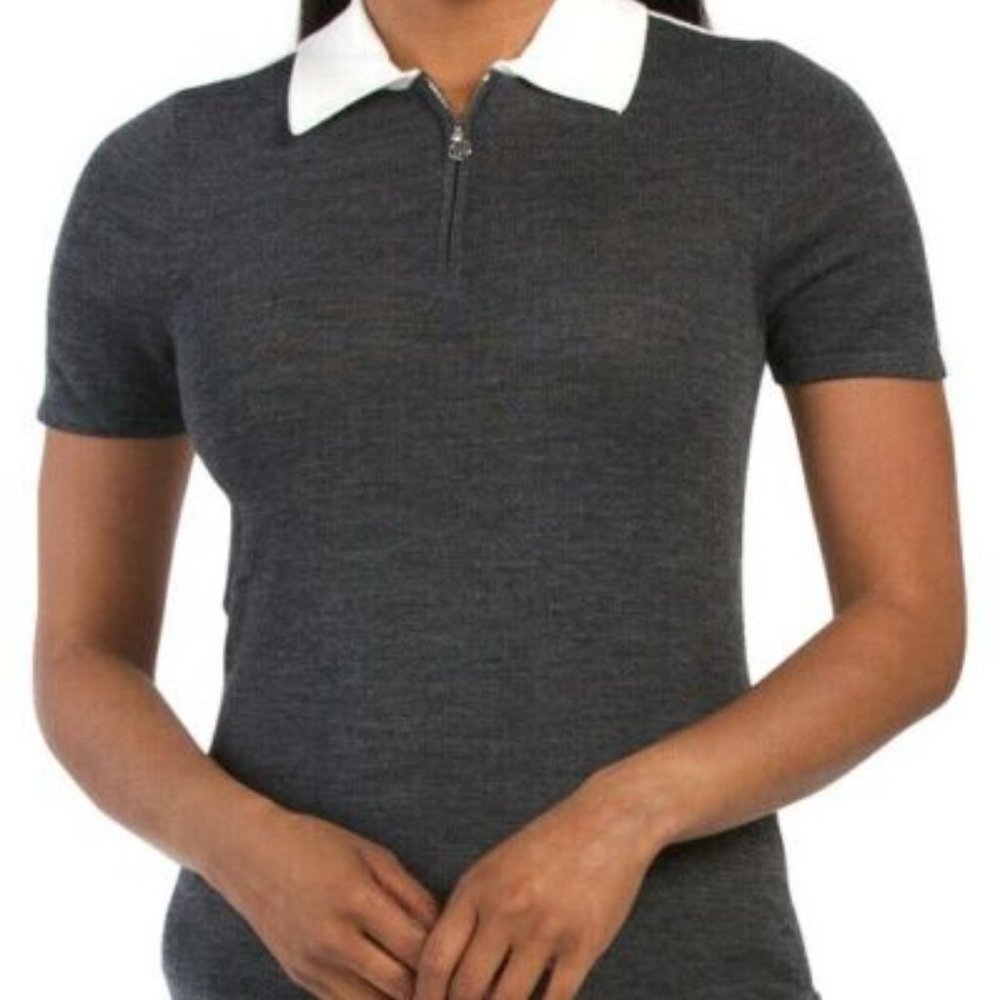 G/Fore Two Tone Merino Wool Zip Polo Colorblock Sweater Top $195 Charcoal Snow